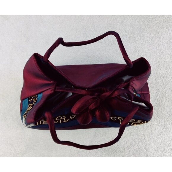 Asian Inspired Handbag Satin Look Burgundy Gold Tone Thread Embordered Flowers - Picture 6 of 9